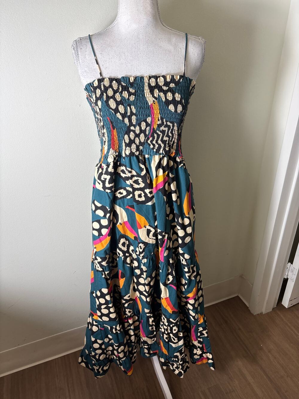 Farm Rio Dark Green Tucan Smocked Cotton Maxi Dress Sz M